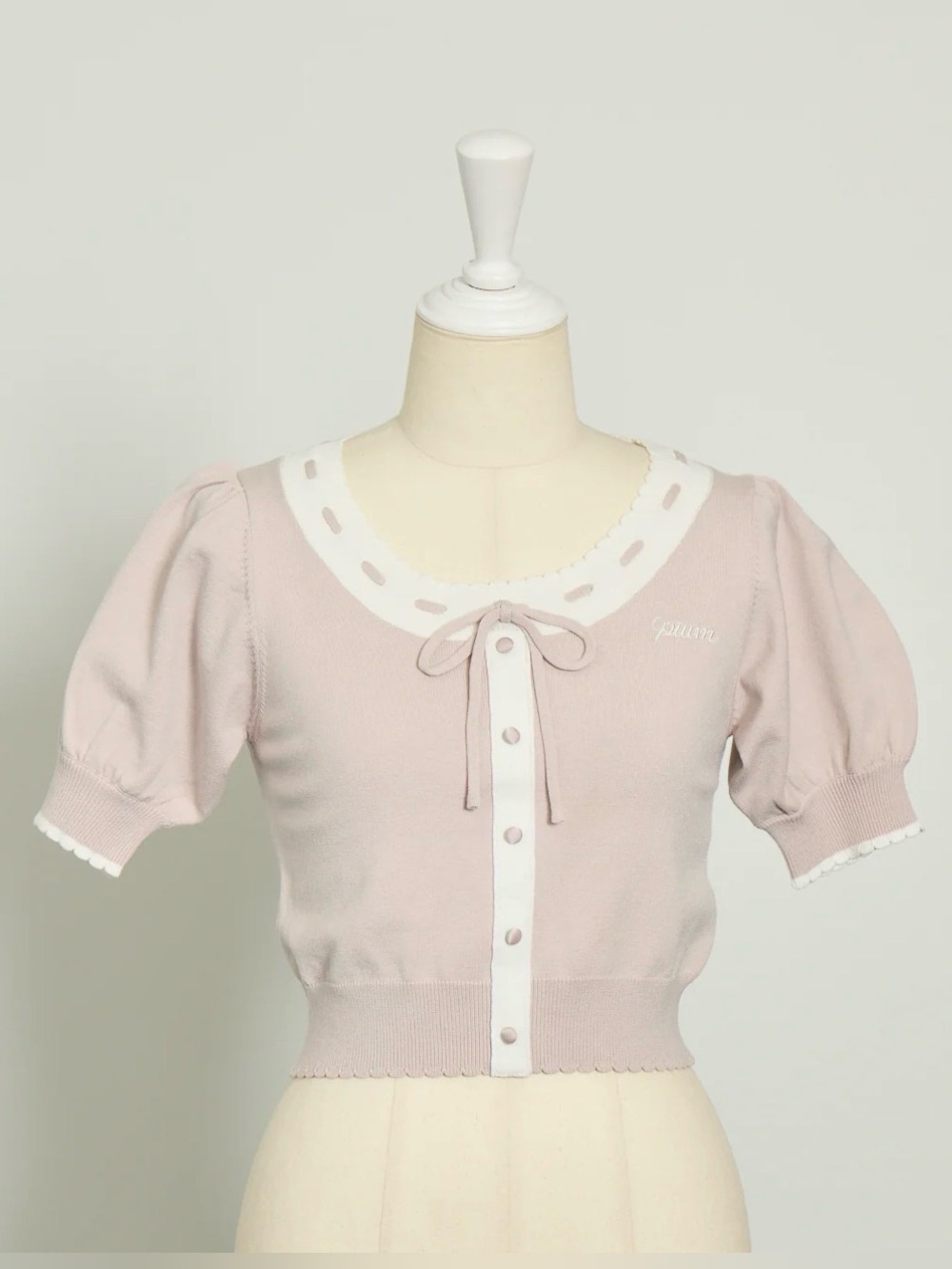 PIUM  Pink Puff Sleeve Button-Front Knit Top with Contrast Trim OS